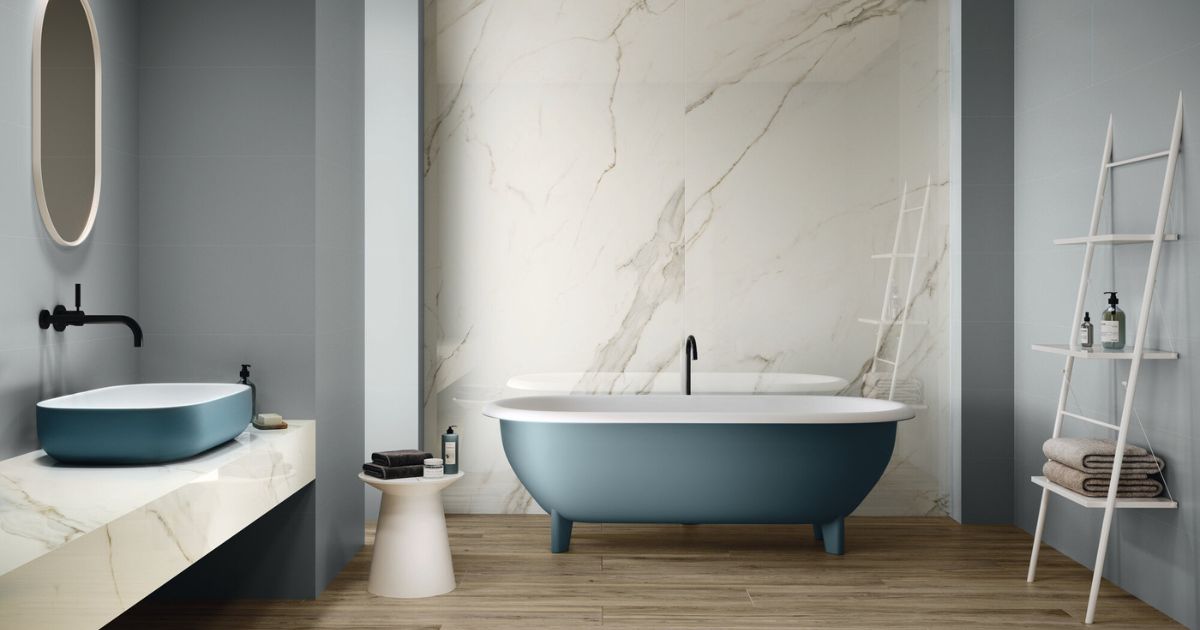 marble look porcelain tile bathroom