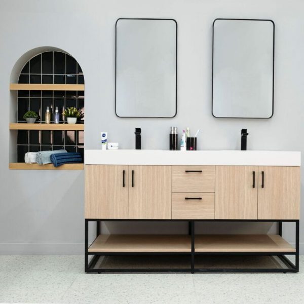 Solana Natural Oak 60″ Double Bowls Bathroom Cabinet