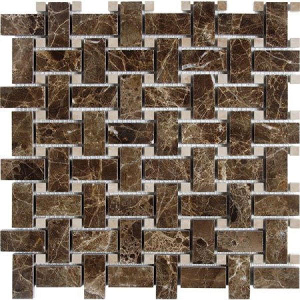 Dark Emperador Polished Basketweave w/ Cream Dot Mosaic